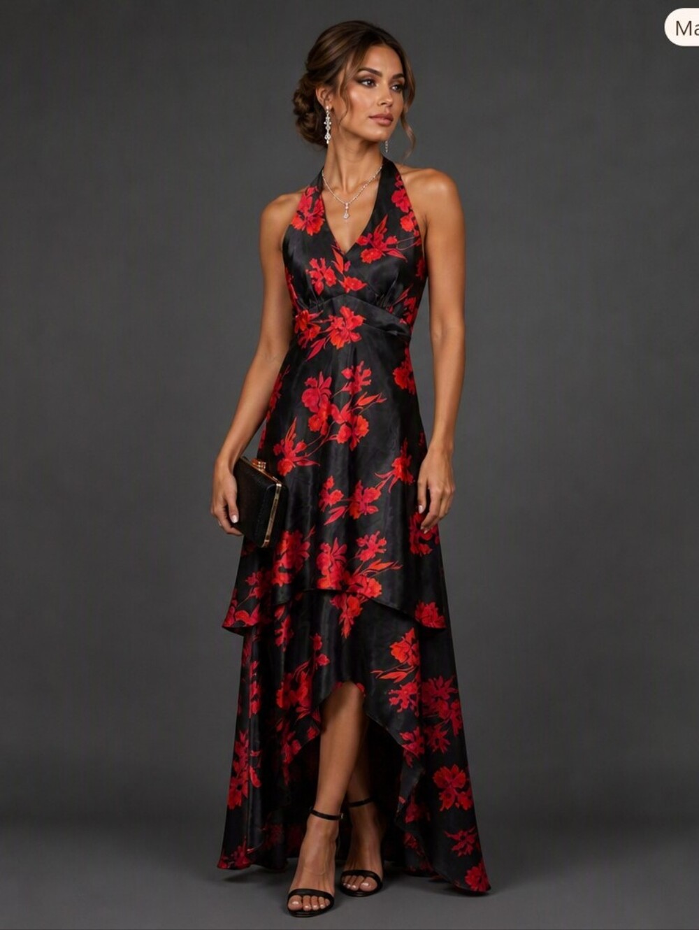 Smart Set Black Halter High-Low Dress with Red Floral Pattern
